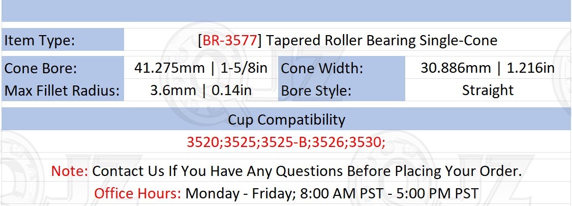 [Qty.1] New BR-3577 Tapered Roller Bearing Single-Cone [1-5/8″ Bore x 1.216″ W]