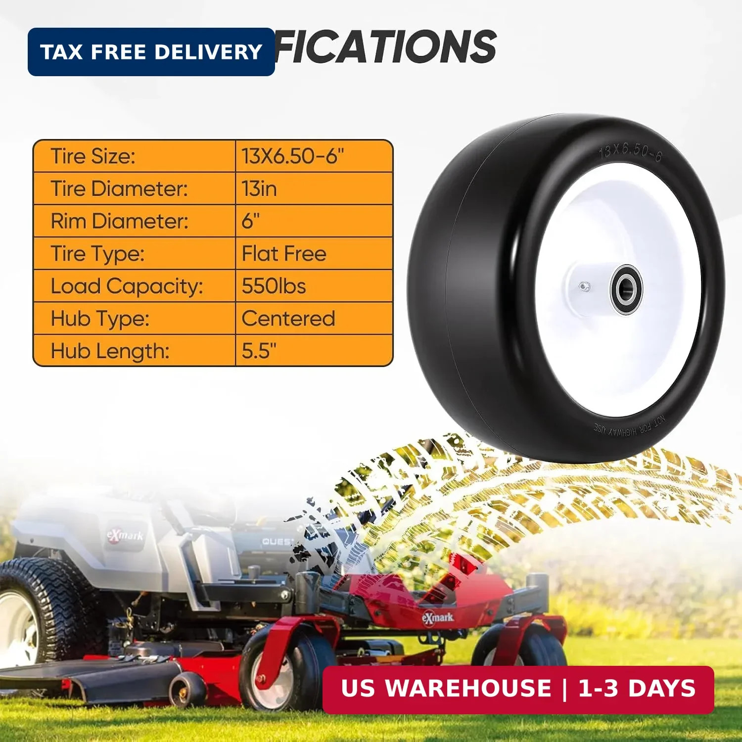 13×6.50-6 Flat Free Lawn Mower Tires and Wheels, 1/2″ 3/4″ 5/8″ Ball Bearings, 1