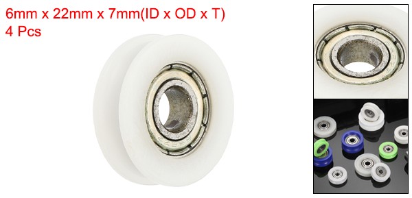 4 Pcs White Groove Nylon Plastic Guide Bearing 6x22x7mm Pulley Roller