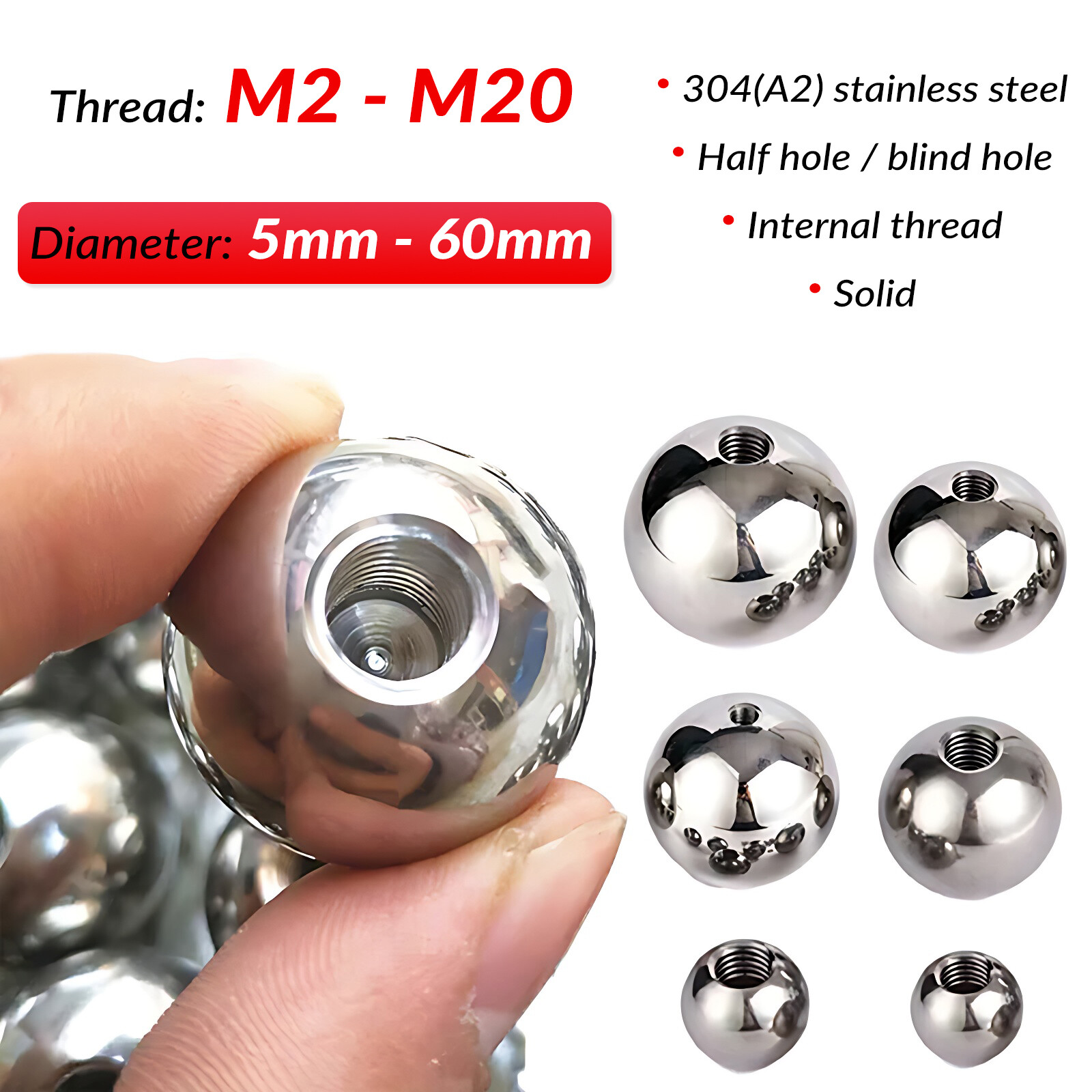 Dia 5-60mm Stainless Steel Ball Bearing With Half Thread M2 M2.5 M3 M4 M5 To M20