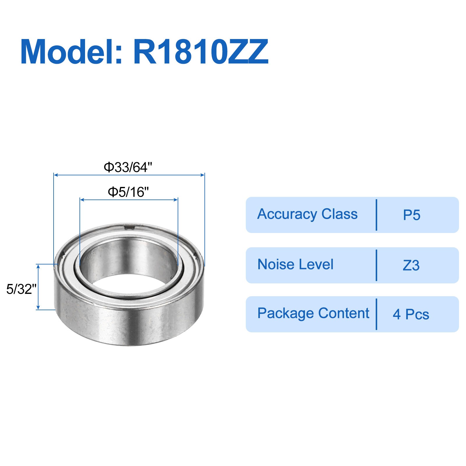 4Pcs R1810ZZ 5/16″ ID x 33/64″ OD x 5/32″ Height Z3 Ball Bearings, Silver Tone