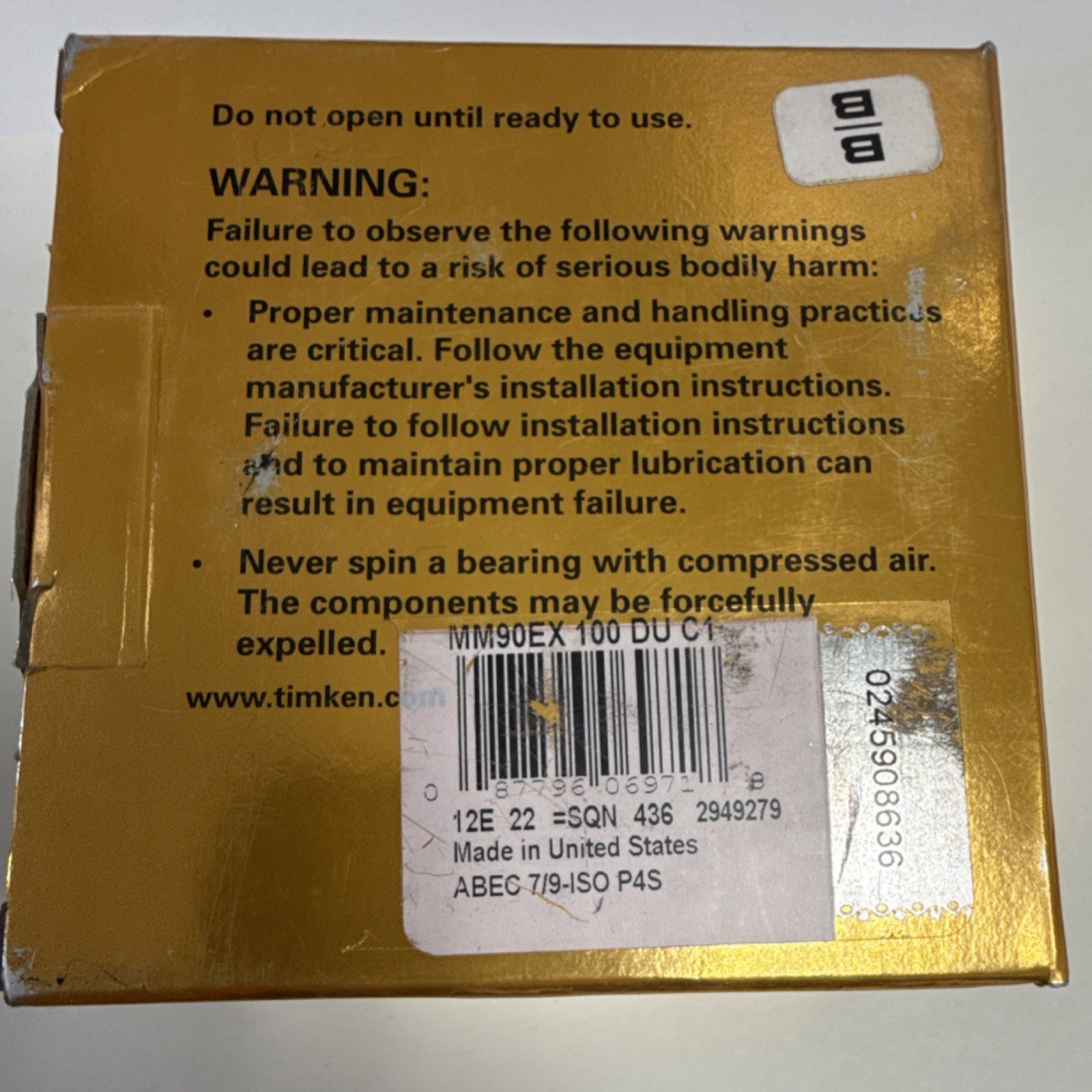 Timken Super Precision Bearing MM90EX 100 DU C1 ABEC 7/9-ISO P4S Made in USA