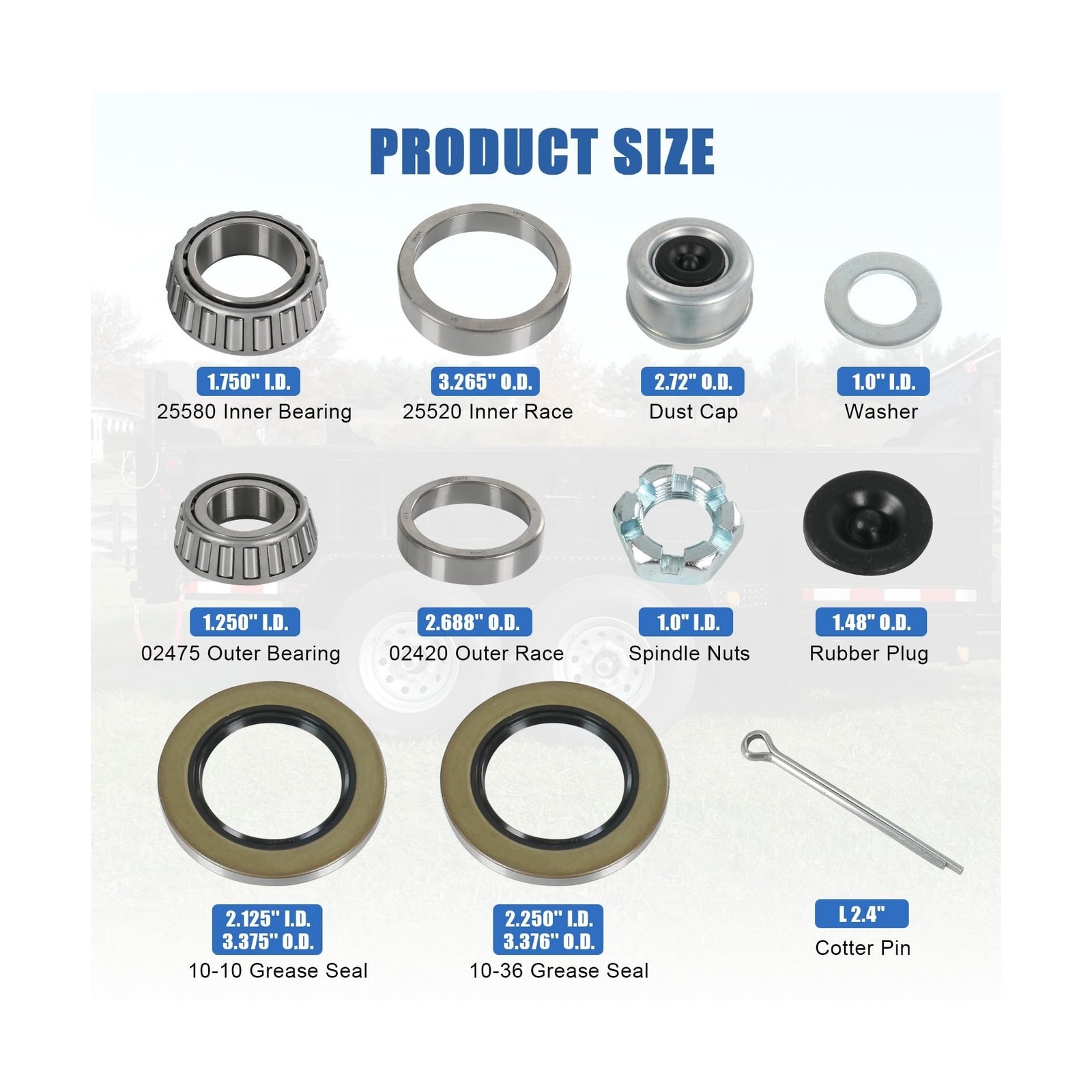 4 Sets 8000 LB Trailer Axle Bearing Kit, 02475/02420 Outer Bearing (1.25” ID…