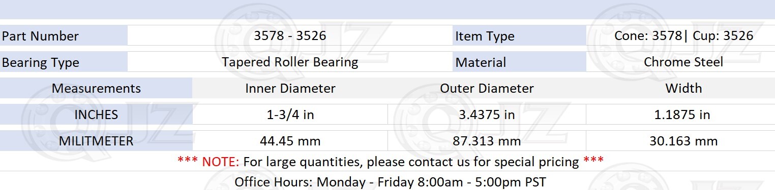 [1-Pack] 3578-3526 Tapered Roller Bearing Set 1-3/4 in x 3.4375 in x 1.1875 in