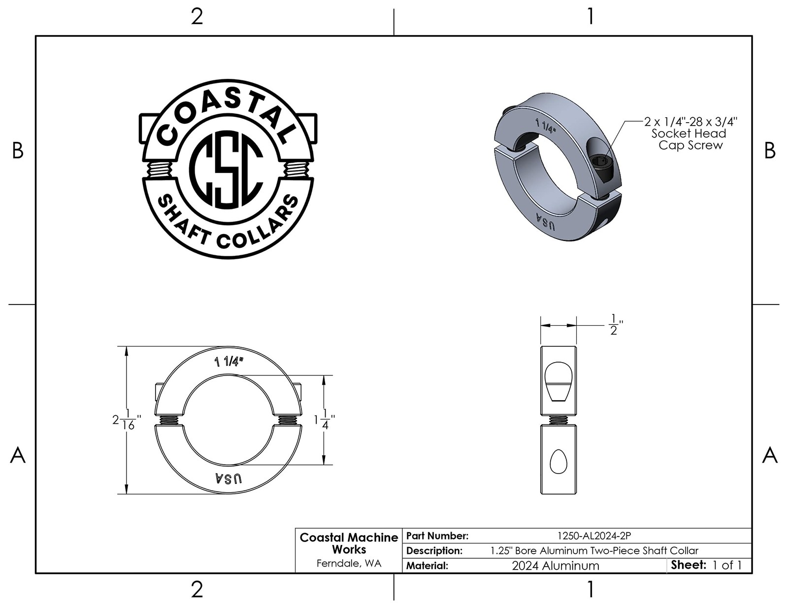1.25″ Bore Diameter – Clamping Two Piece Shaft Collar – 2024 Aluminum (2 Pack)