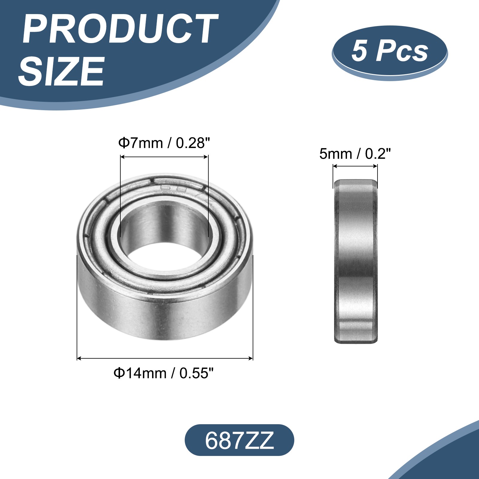 5 Pack 7 x 14 x 5mm 687ZZ Deep Groove Ball Bearings, ABEC5