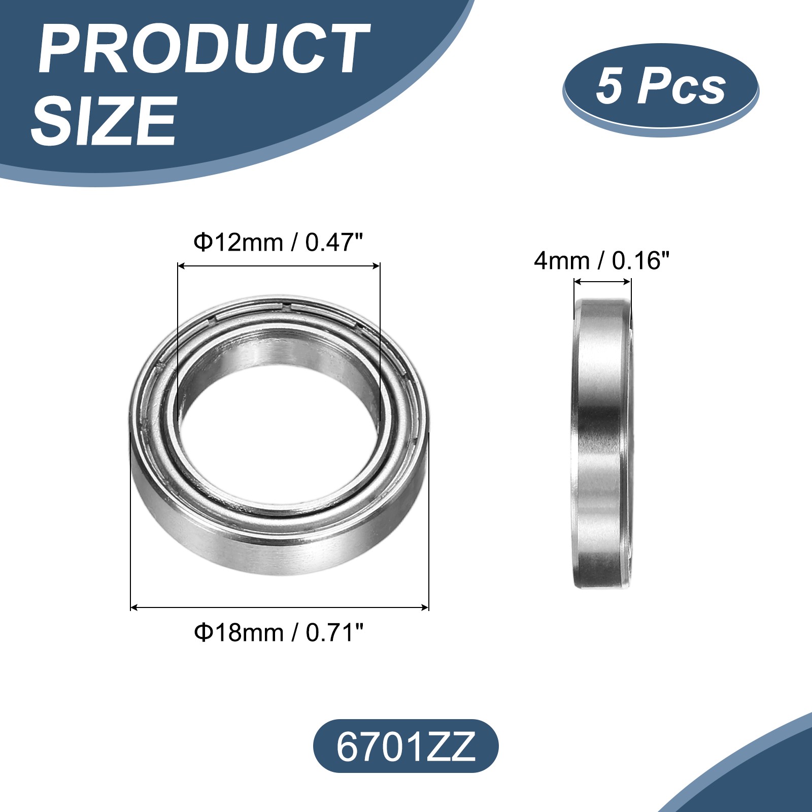 5 Pack 12 x 18 x 4mm 6701ZZ Deep Groove Ball Bearings, ABEC5