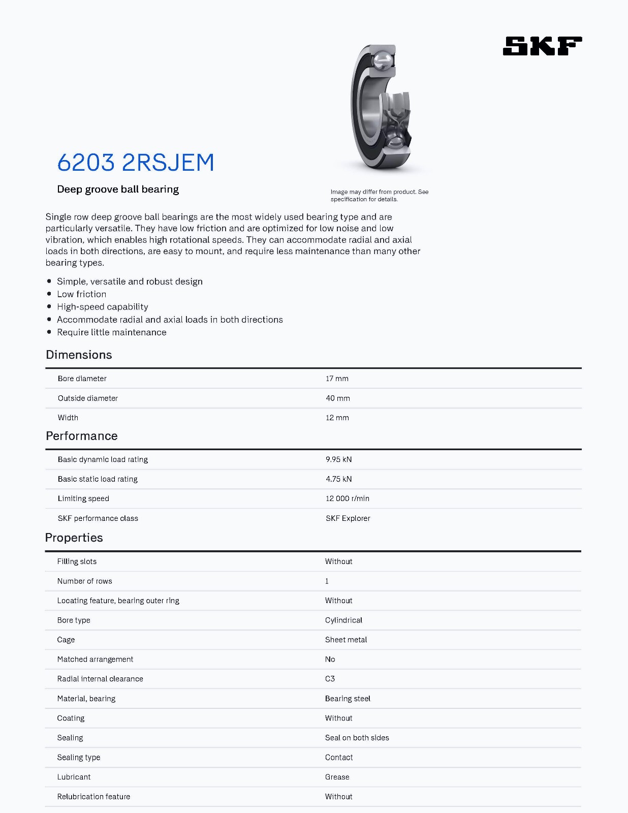 Bearing, Ball, Deep Groove, Single Row, 40×17×12 mm, Sealed, SKF (6203 2RSJEM)