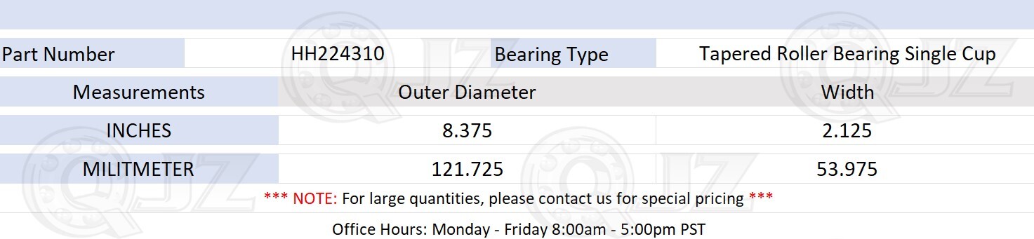 [1-Pack] HH224310 Tapered Roller Bearing Single Cup [121.7 mm OD x 53.98 mm W]
