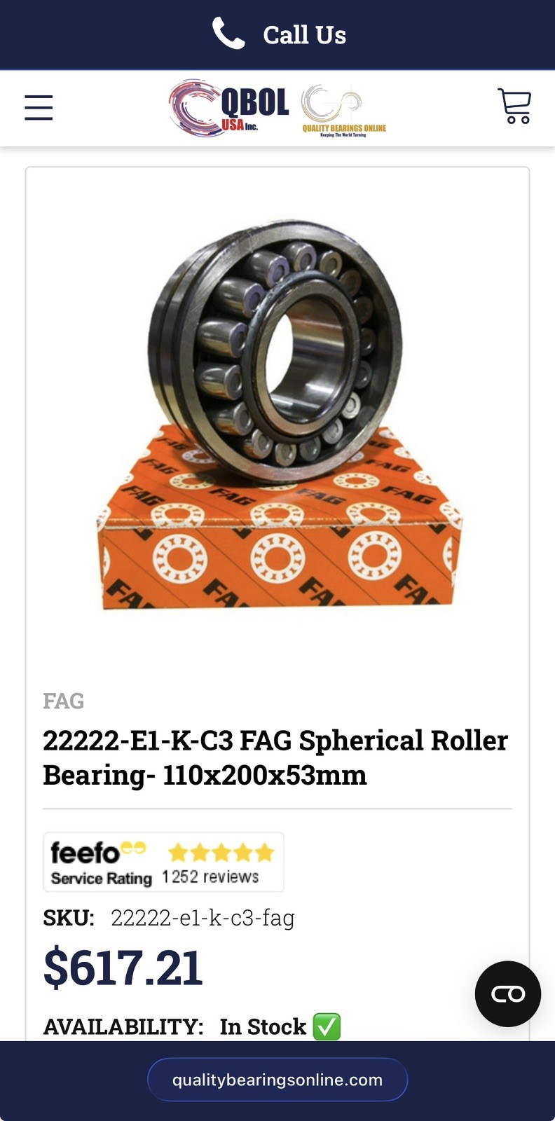 FAG 22222-E1-K-C3 SPHERICAL ROLLER 110 x 200 x 53 mm