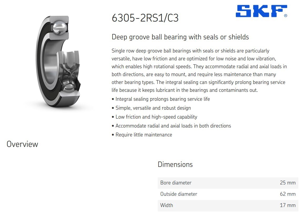 One (1) SKF 6305-2RS1/C3 Deep Groove Bearing 25MM ID Malaysia NEW
