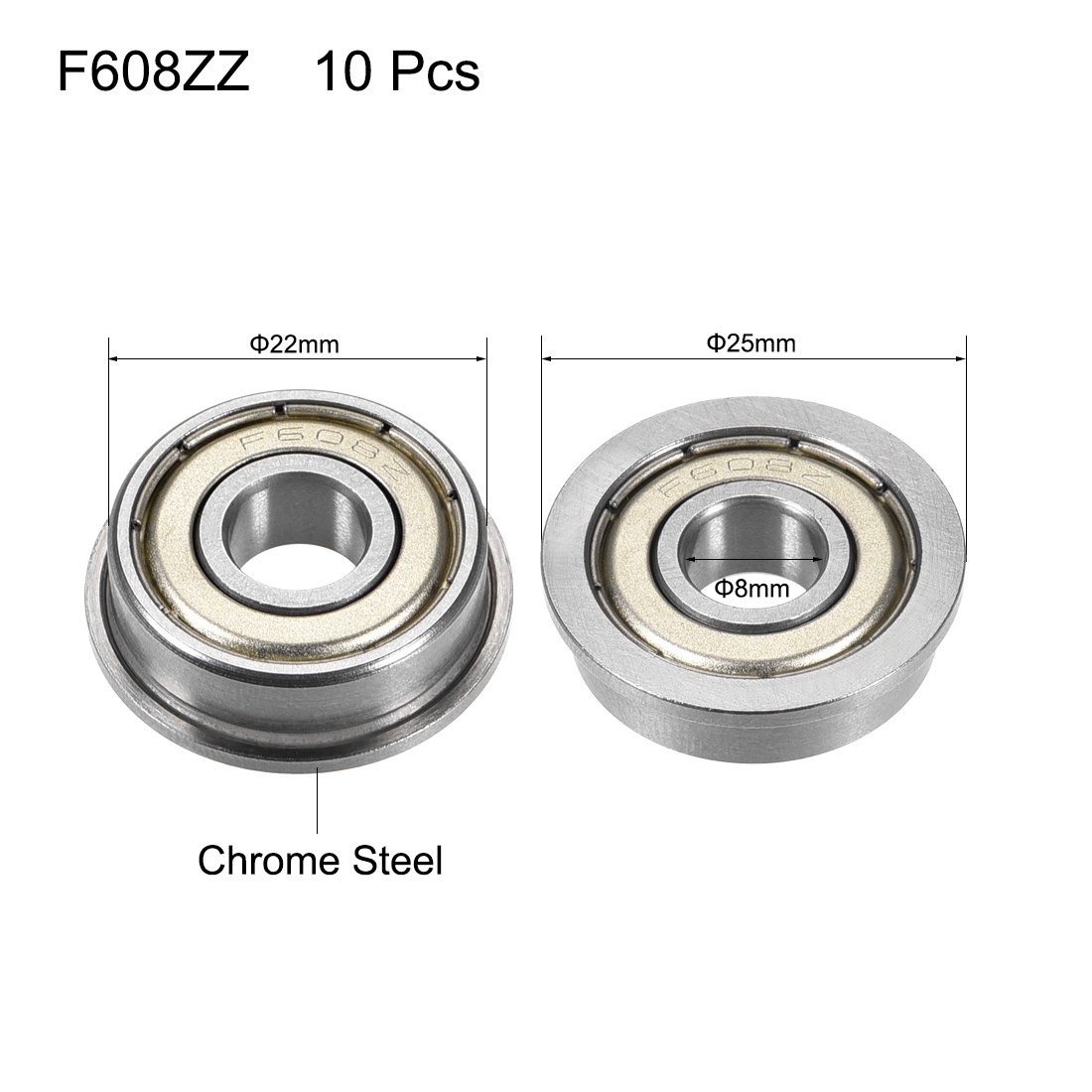 8mmx22mmx7mm Flange Ball Bearing F608ZZ Double Shielded Bearings 10Pcs