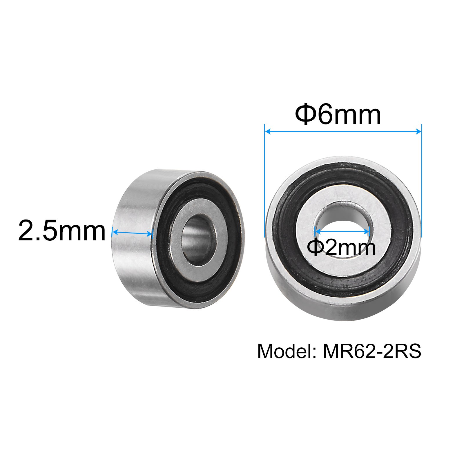 10pcs MR62-2RS, Bearing 2x6x2.5mm Chrome Steel Mini Bearing Double Sealed ABEC3