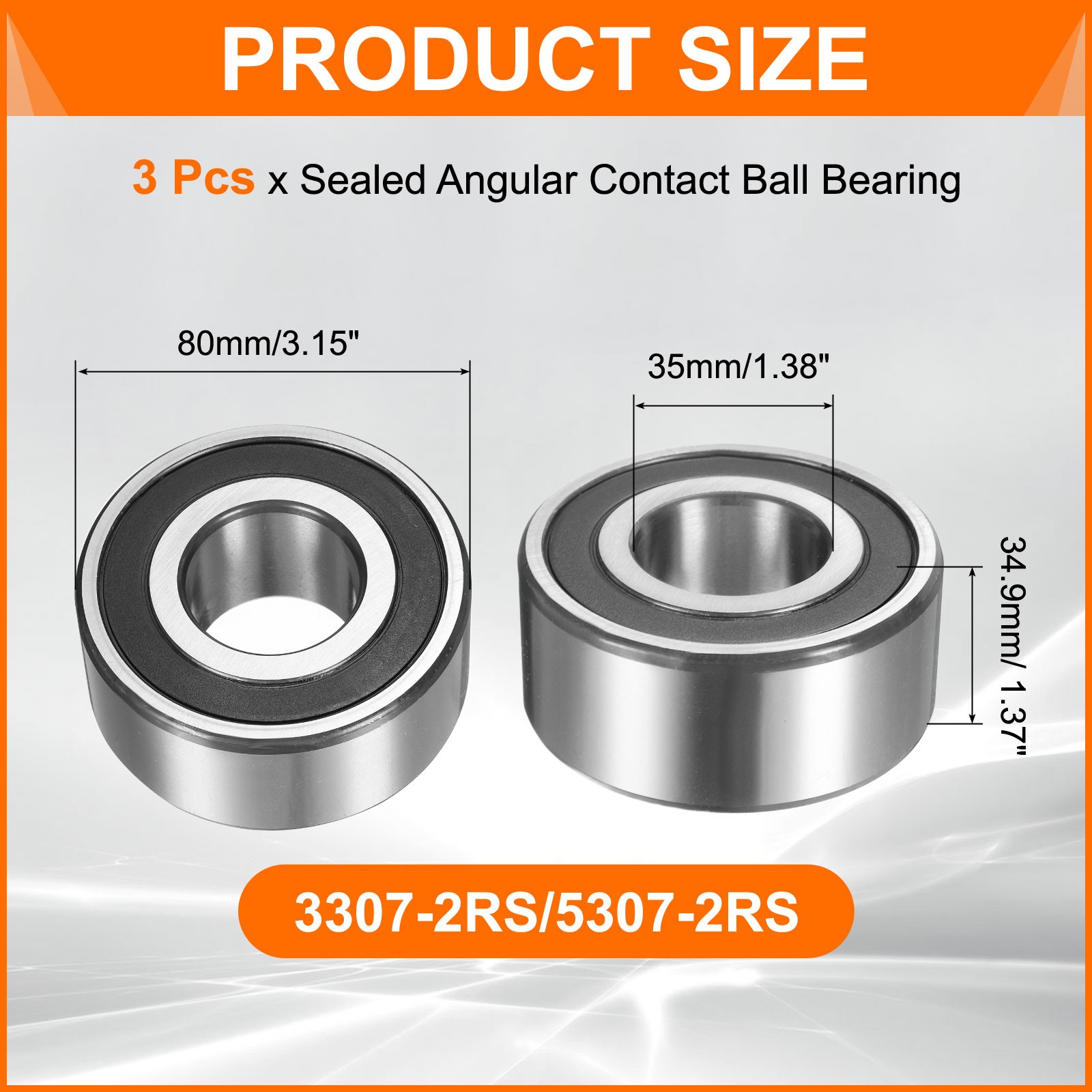 3Pcs 3307-2RS/5307-2RS 35x80x34.9mm Sealed Angular Contact Ball Bearing