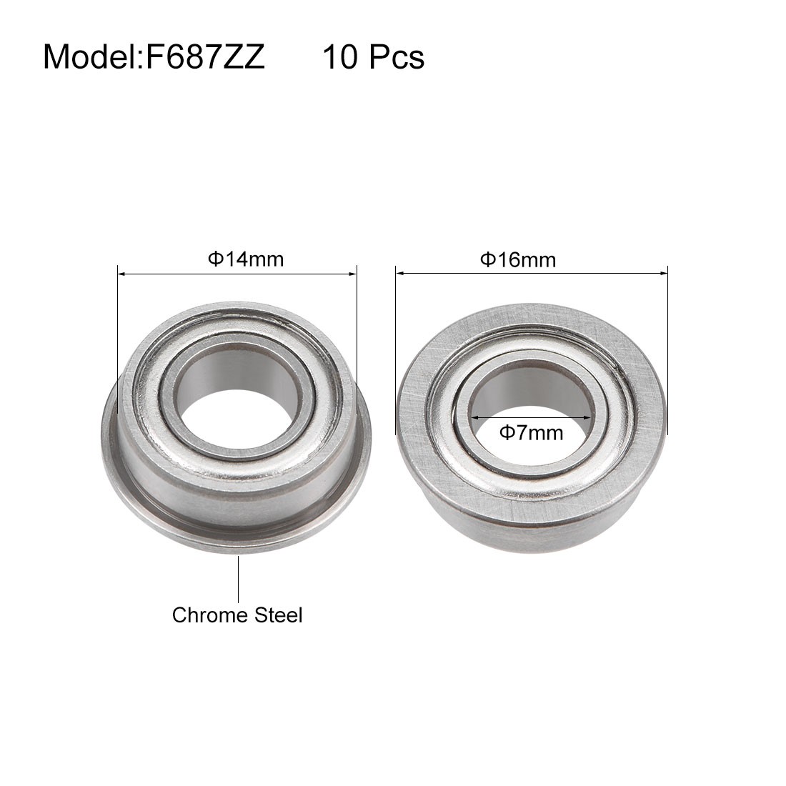 F687ZZ Flange Ball Bearing 7x14x5mm Shielded Chrome Bearings 10pcs