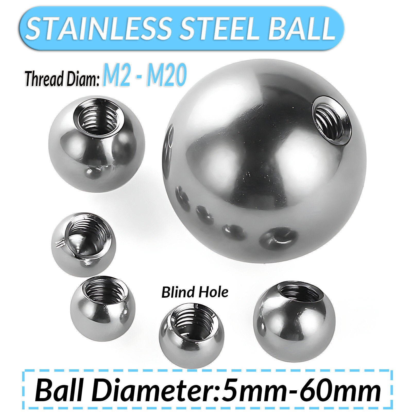 Stainless Steel Ball Bearing with Half Thread Ø 5~60mm Blind Hole Ball Knob Nuts