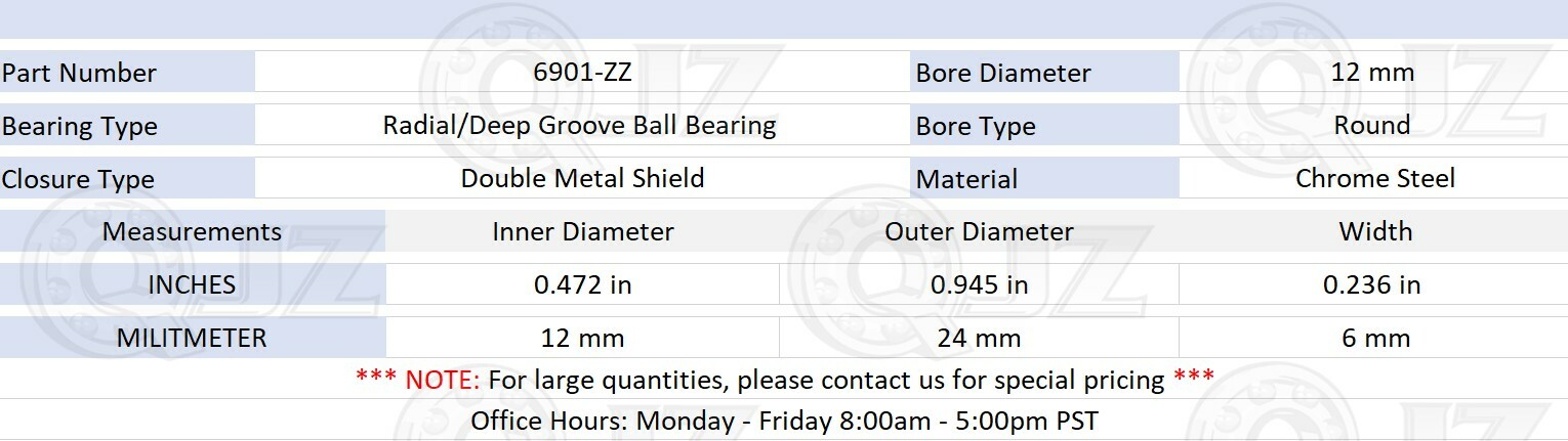 [2-Pack] 6901-ZZ Radial/Deep Groove Ball Bearing 12mm x 24mm x 6mm Metal Shield