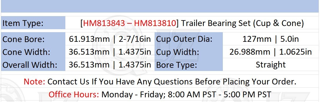 [Qty.1] HM813843-HM813810 Tapered Roller Bearing Set [2-7/16″ Bore x 1.4375″ W]