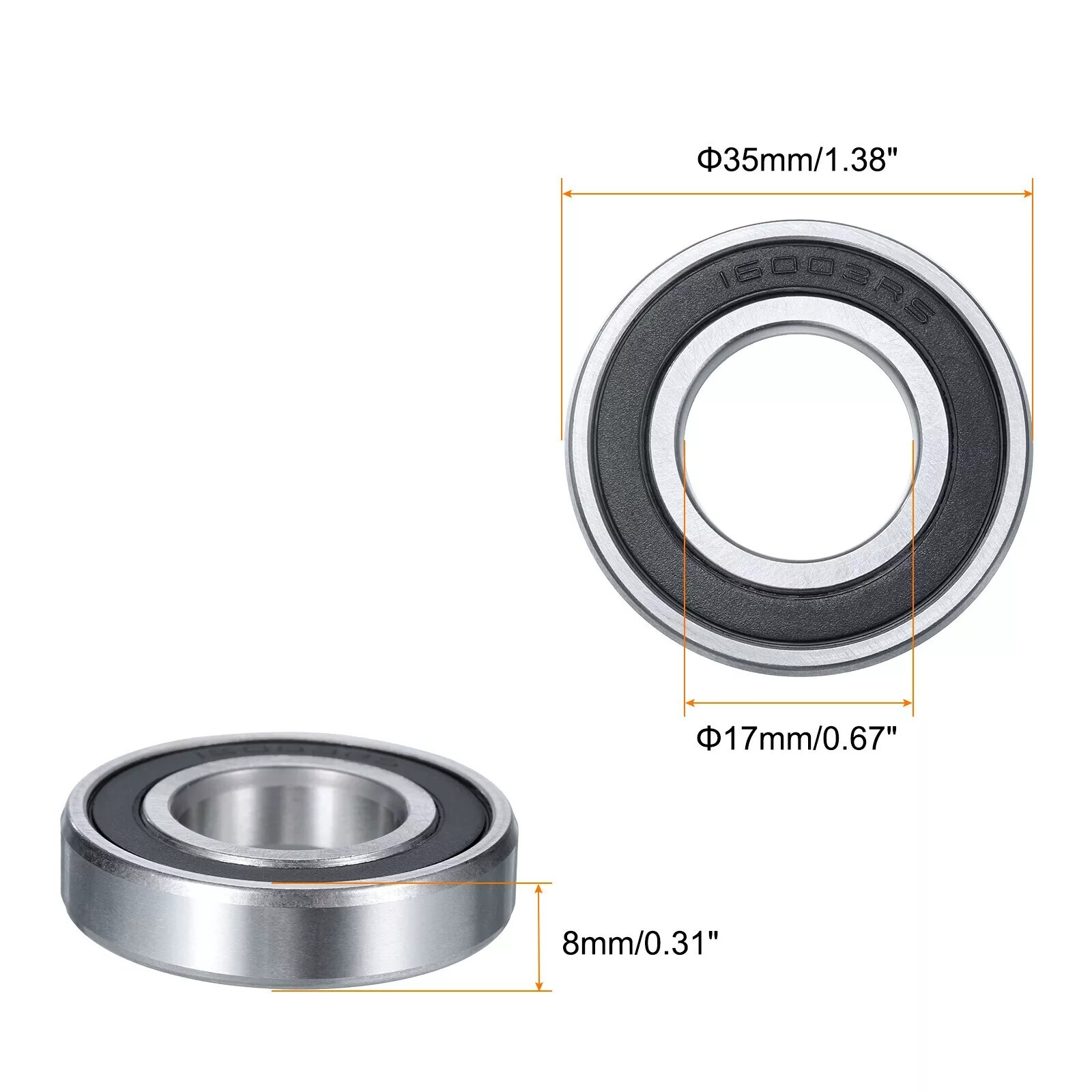 2Pcs 16003-2RS Deep Groove Ball Bearing, 18x35x8 mm Double Sealed Bearing ABEC3