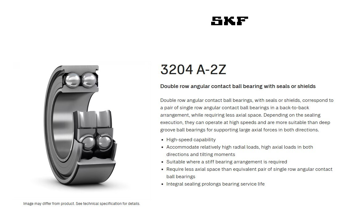 One (1) SKF 3204 A-2Z Double Row Angular Contact Ball Bearing USA NEW
