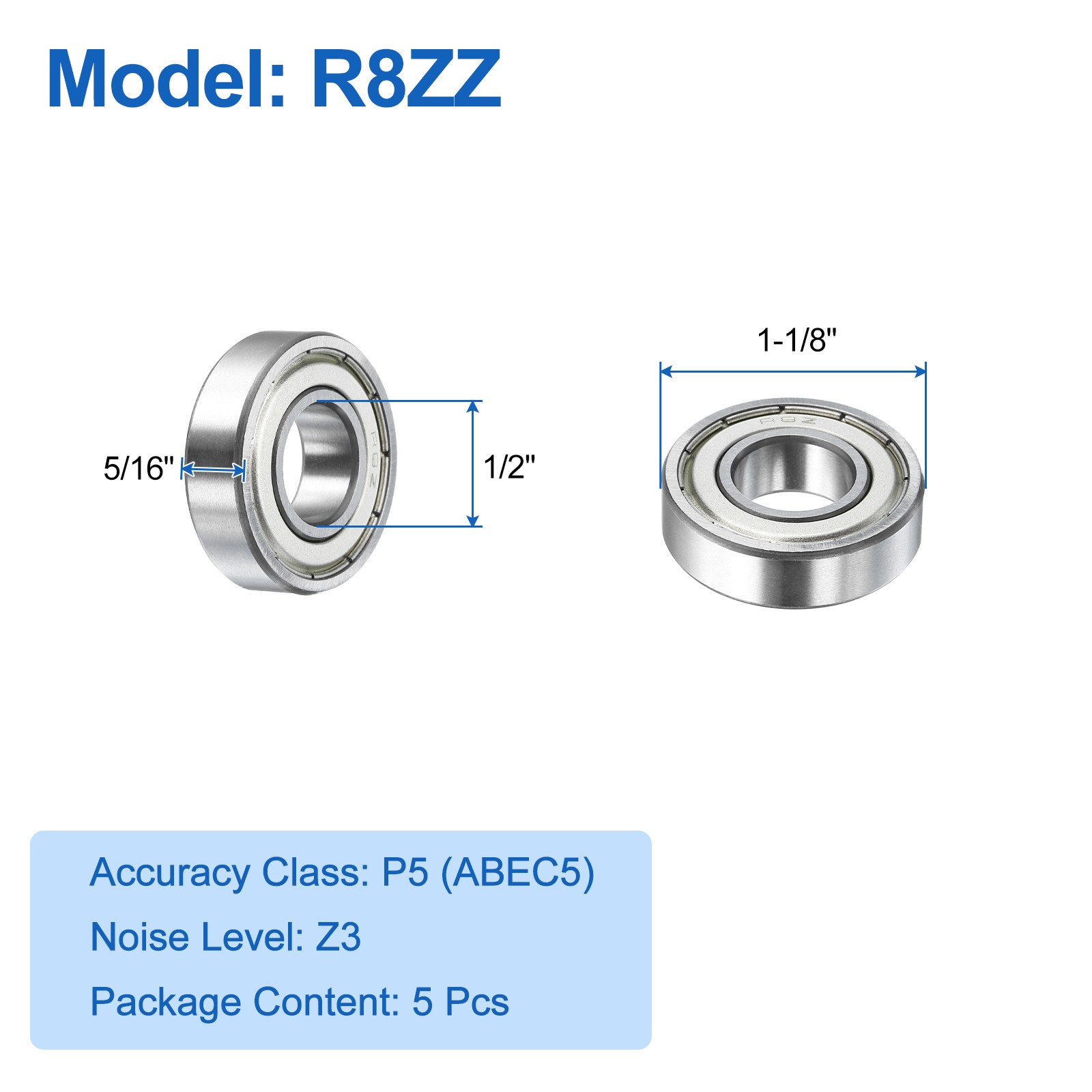 5Pcs R8ZZ Deep Groove Ball Bearings 1/2″x1-1/8″x5/16″ Double Metal Shielded Z3