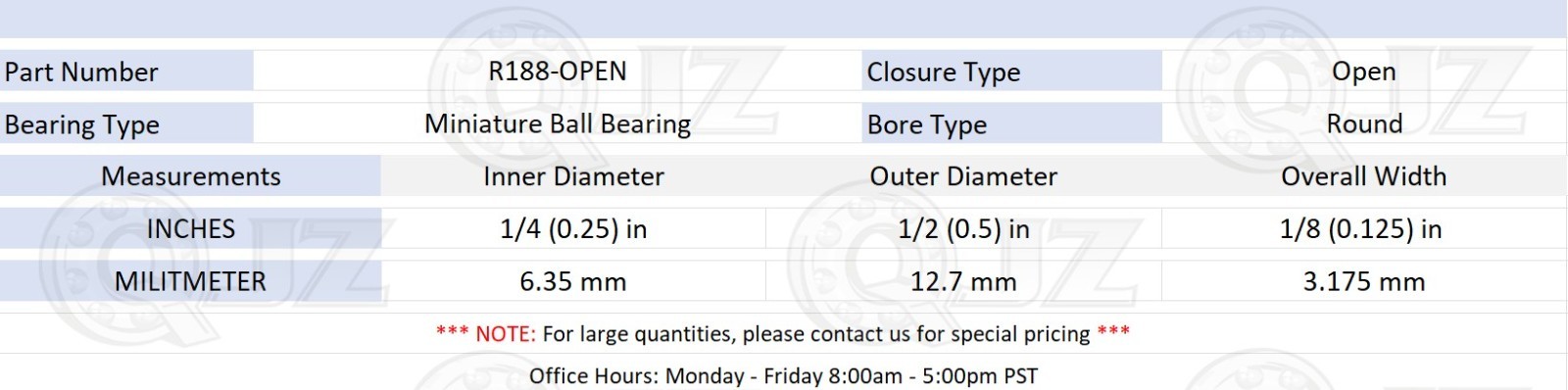 [Qty.8] R188-OPEN Miniature Ball Bearing [1/2 in ID x 1/2 in OD x 1/8 in W]