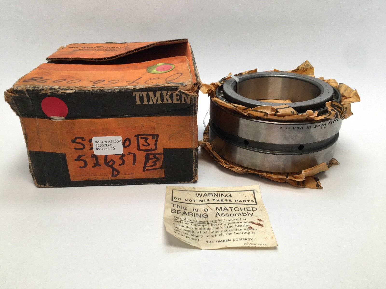 Timken 52400-3/52637D-3 Double Taper Roller Bearing Cone&Cup 4″ ID 6-3/8″ OD USA