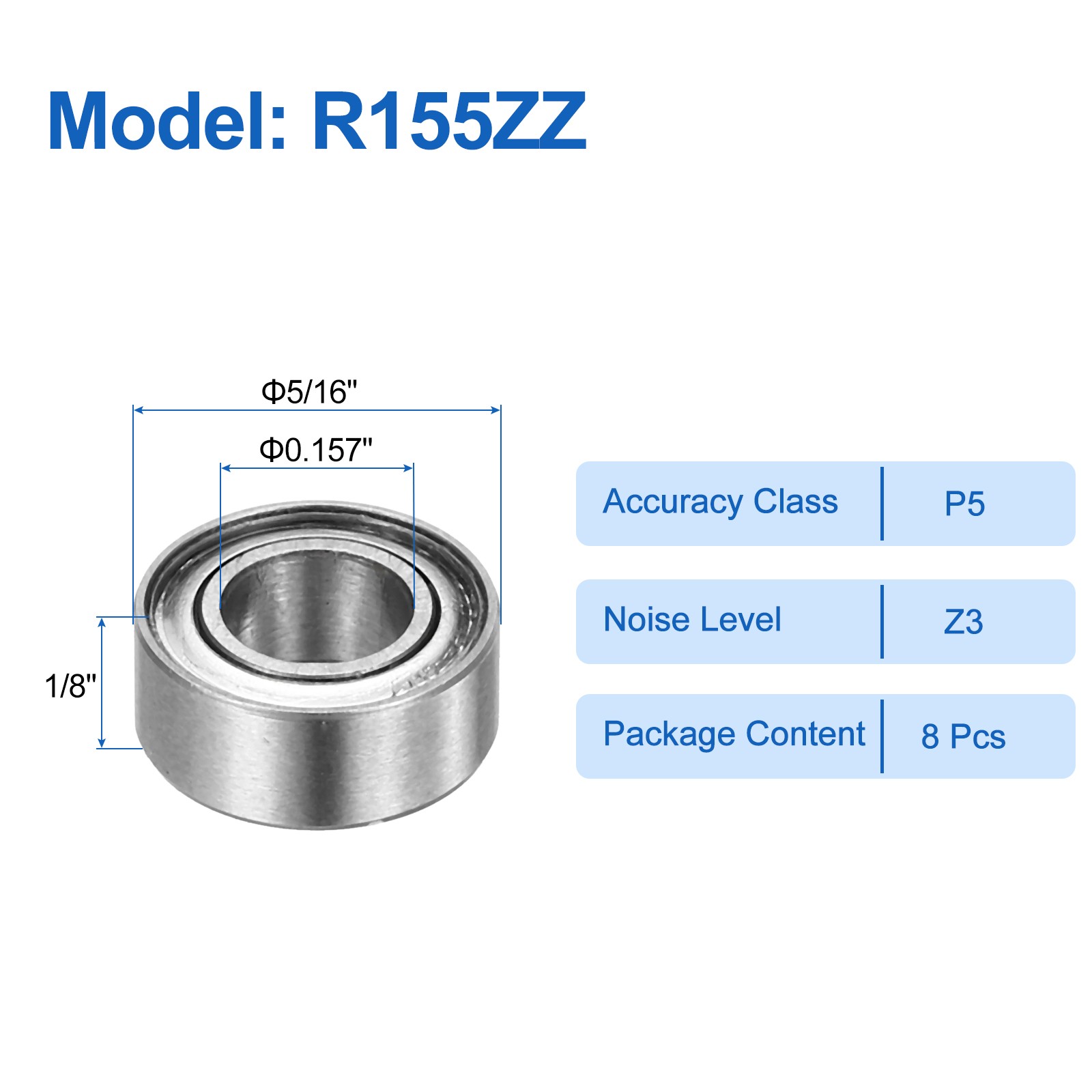 8pcs R155ZZ 5/32″ ID x 5/16″ OD x 1/8″ Height Z3 Ball Bearings, Silver Tone