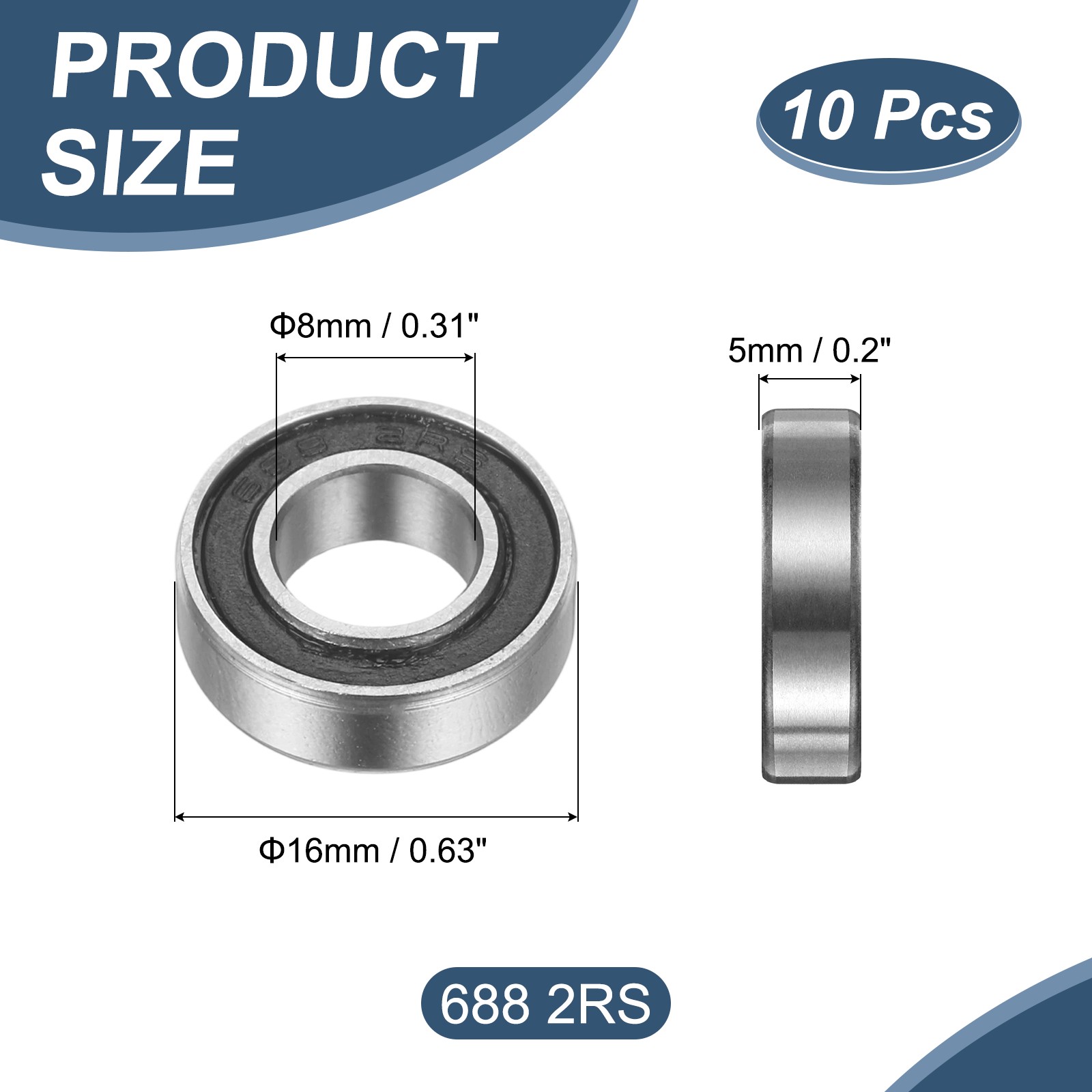 10 Pack 8 x 16 x 5mm 688 2RS Deep Groove Ball Bearings ABEC5