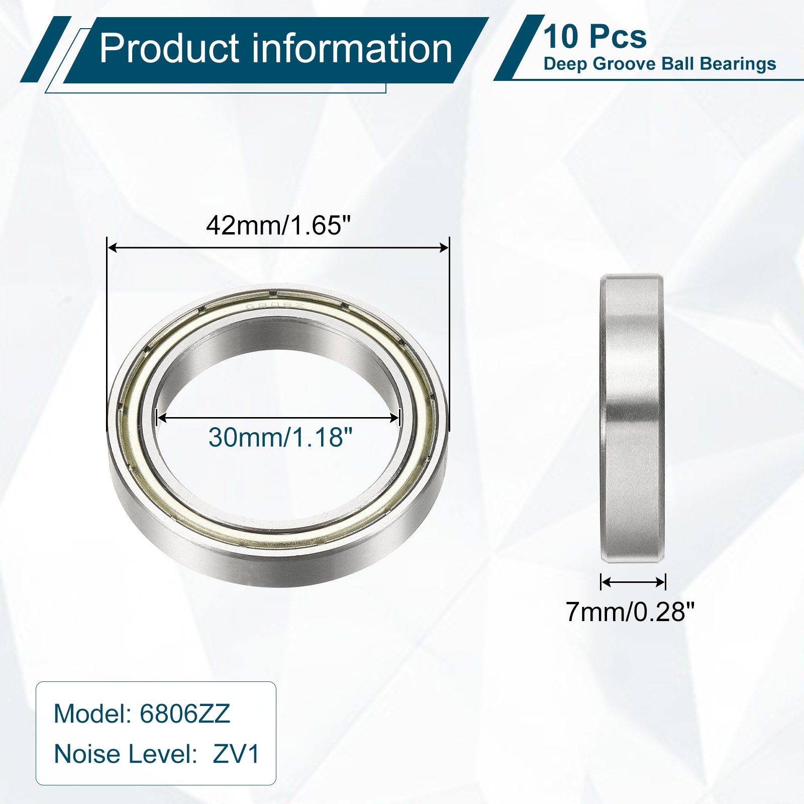 10 Pcs 6806ZZ Deep Groove Ball Bearings, 30x42x7mm Double Shield Bearing