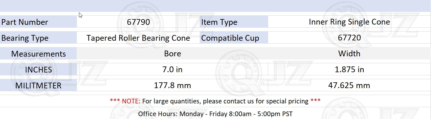 [1-Pack] 67790 Tapered Roller Bearing Inner Cone 7.0″ (Bore) x 1.875″ (Width)