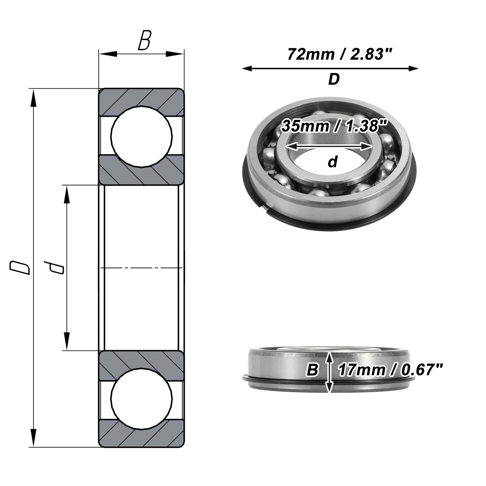 6207NR Deep Groove Ball Bearings 35x72x17mm 1 Pc Silver Tone