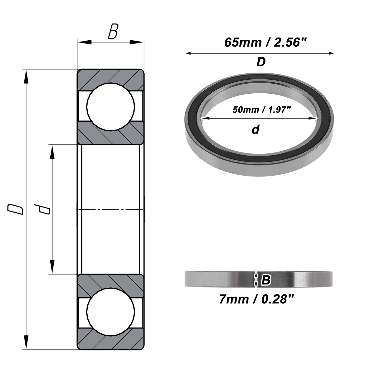 6810DDU Deep Groove Ball Bearings 50x65x7mm Silver Tone Black