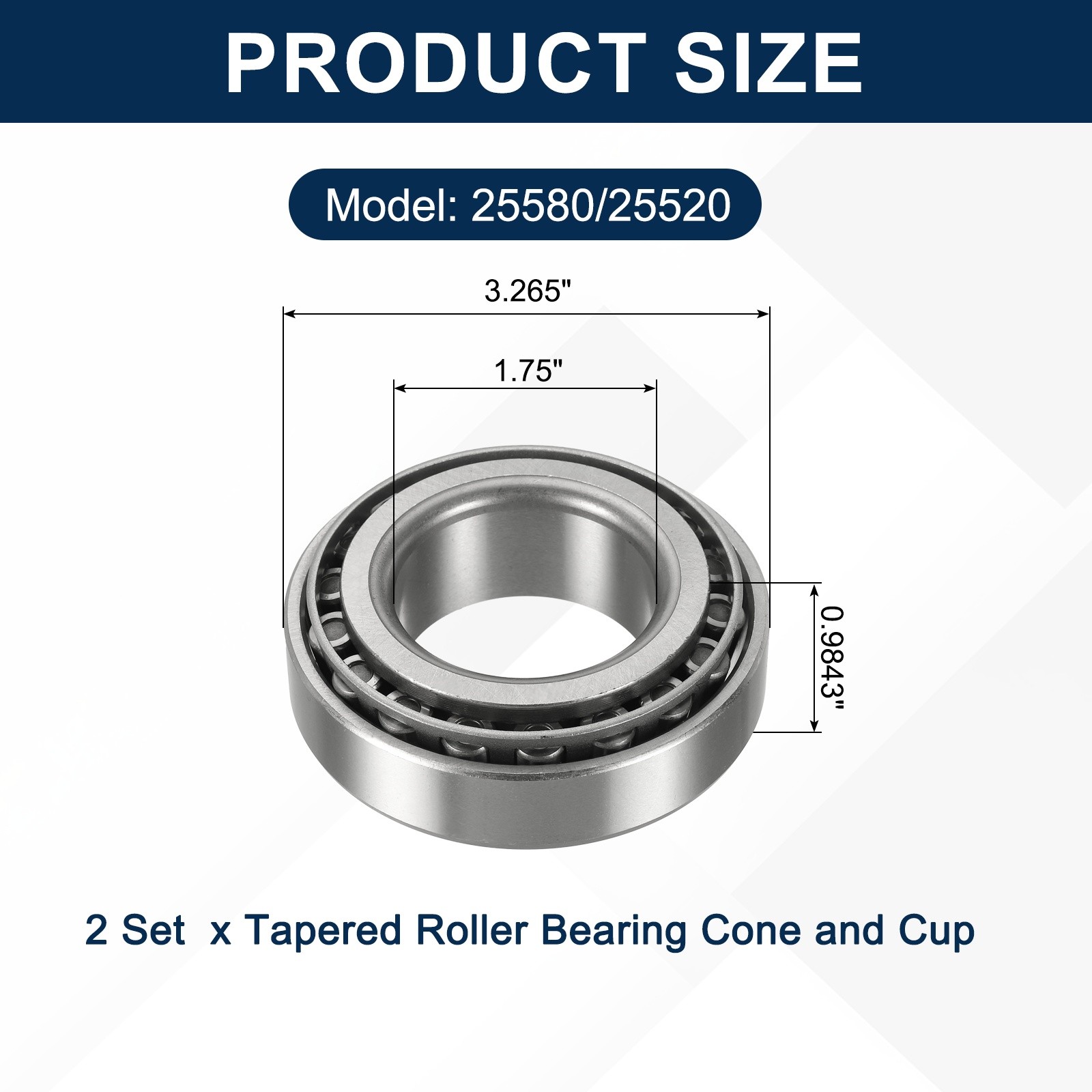 2Sets 25580/25520 Tapered Roller Bearing Cone and Cup, 1.75×3.265×0.9843″