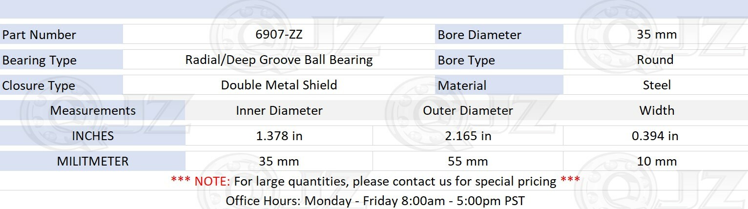 [8-Pack] 6907-ZZ Radial/Deep Groove Ball Bearing 35mm x 55mm x 10mm Metal Shield