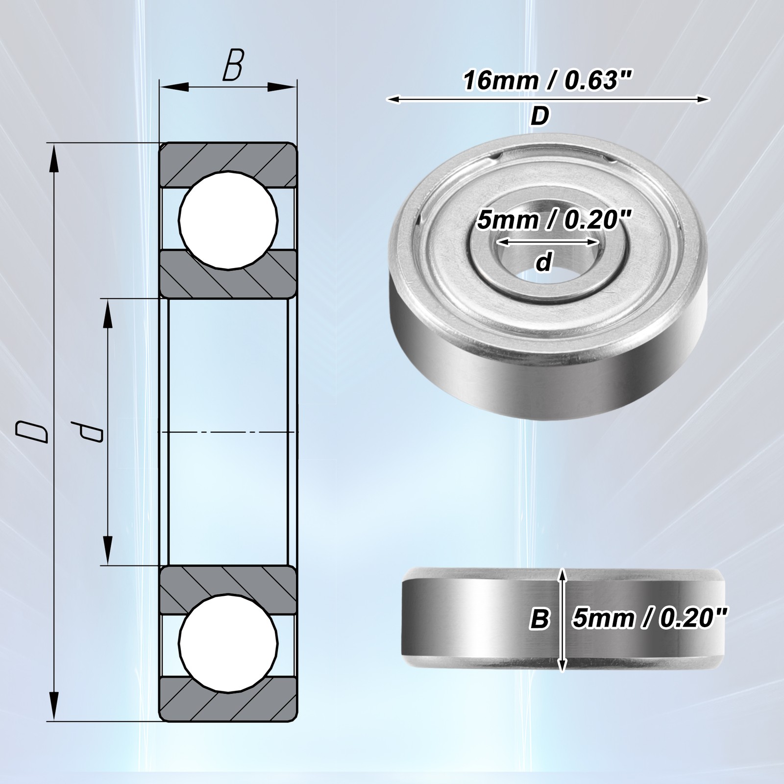 2pcs 5x16x5mm Double Metal Shield 625ZZ Single Row Deep Groove Ball Bearings