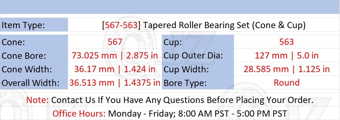 [Qty.2] 567-563 Tapered Roller Bearing Set Cone & Cup [2.875in ID x 1.4375 in W]