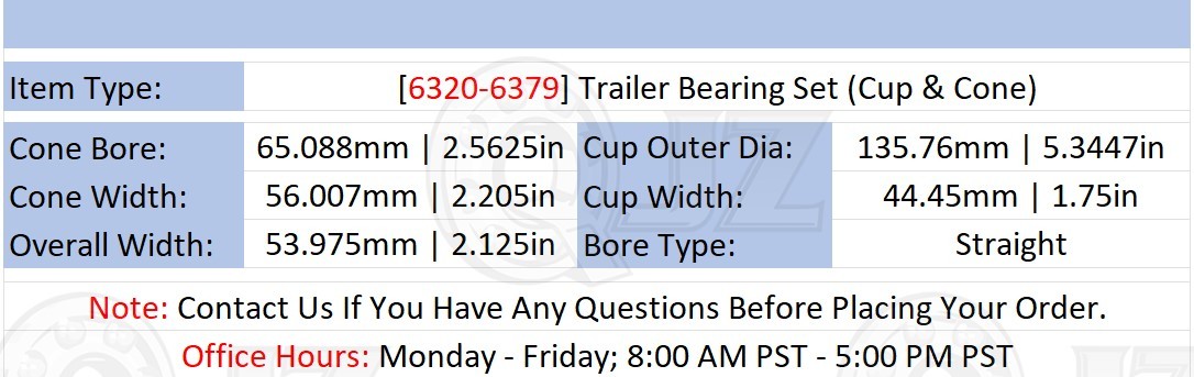 [Qty.2] 6320-6379 Tapered Roller Bearing Set Cup & Cone [2.5625″ ID x 2.125″ W]