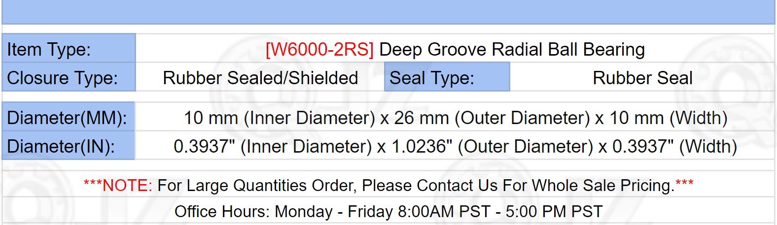 [Qty.2] W6000-2RS Deep Groove Radial Ball Bearing [10mm ID x 26mm OD x 10mm W]