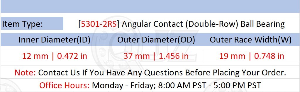 [Qty.4] 5301-2RS New Angular Contact Ball Bearing [12mm ID x 37mm OD x 19mm W]