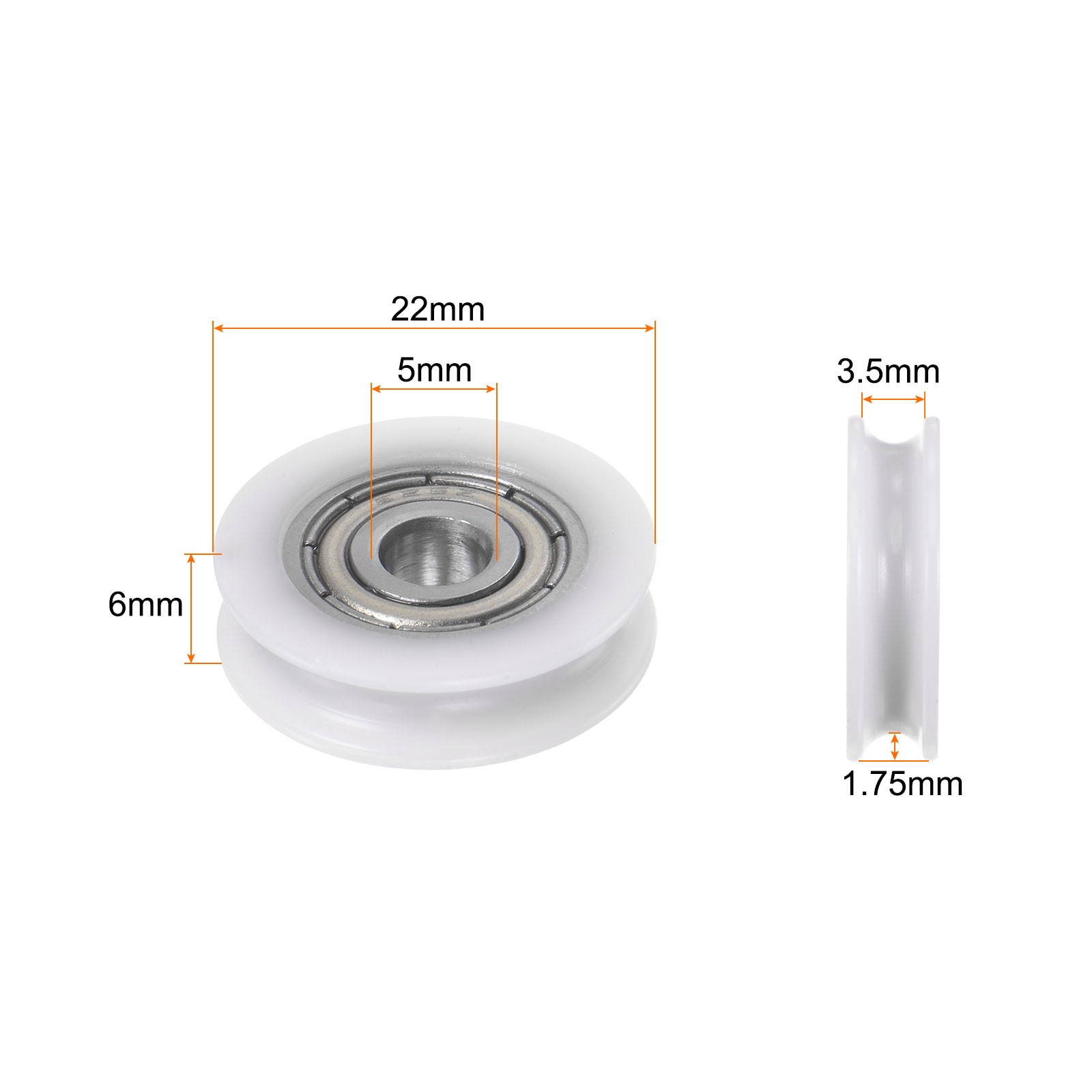 2pcs U Type Groove Pulley Nylon Roller Bearing 5x22x6mm U Groove Guide Wheel