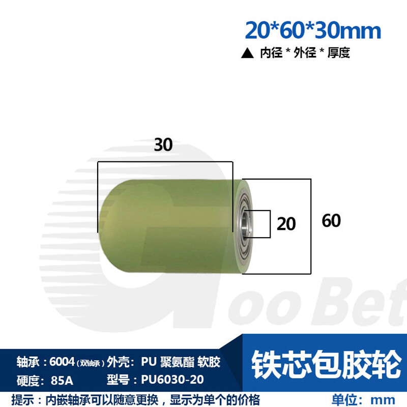 60mm Polyurethane Iron Core Roller Two Bearings PU Guiding Wheel Flat Belt Idler