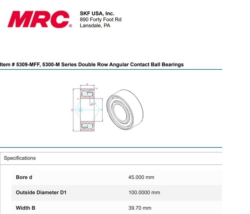 One (1) MRC 5309 MFF Angular Contact Bearing 45 MM ID USA NEW