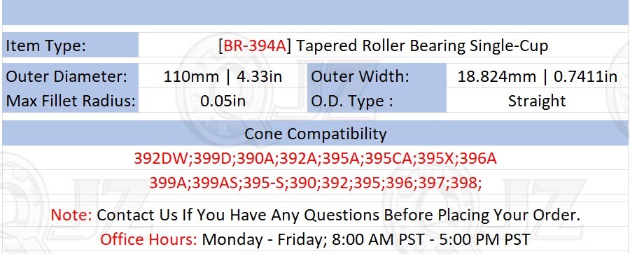 [Qty.1] BR-394A Tapered Roller Bearing Single-Cup/Race [110mm OD x 18.824mm W]