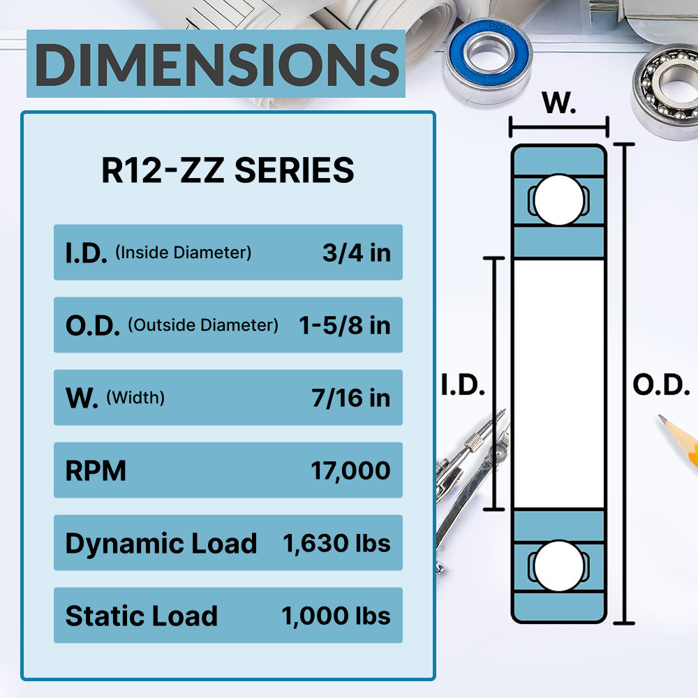 (10) R12-ZZ Premium Metal Shield Ball Bearing C3, 3/4″x1-5/8″x7/16″, R12z