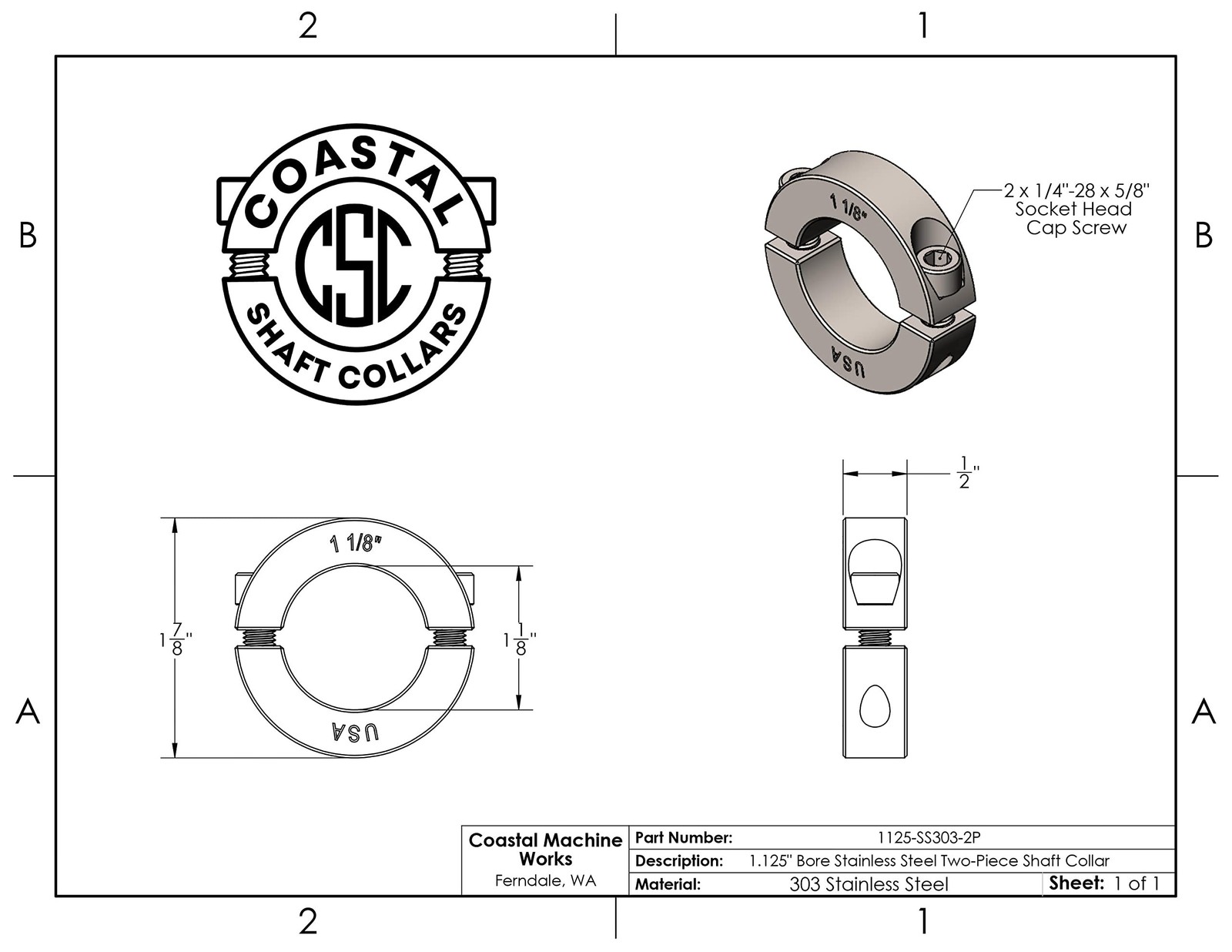 1.125″ Bore Diameter – Clamping Two Piece Shaft Collar – 303 Stainless Steel …