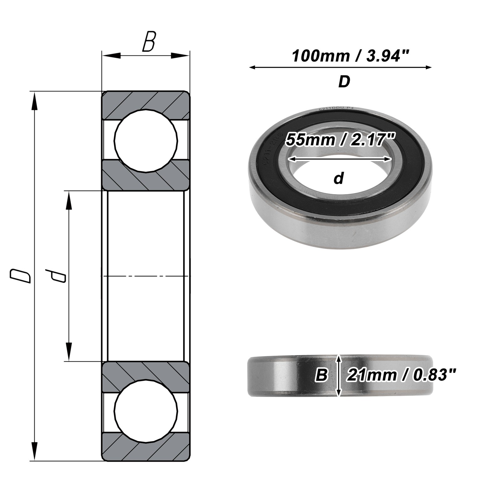 6211DDU Deep Groove Ball Bearings 55x100x21mm 1 Pcs Silver Tone