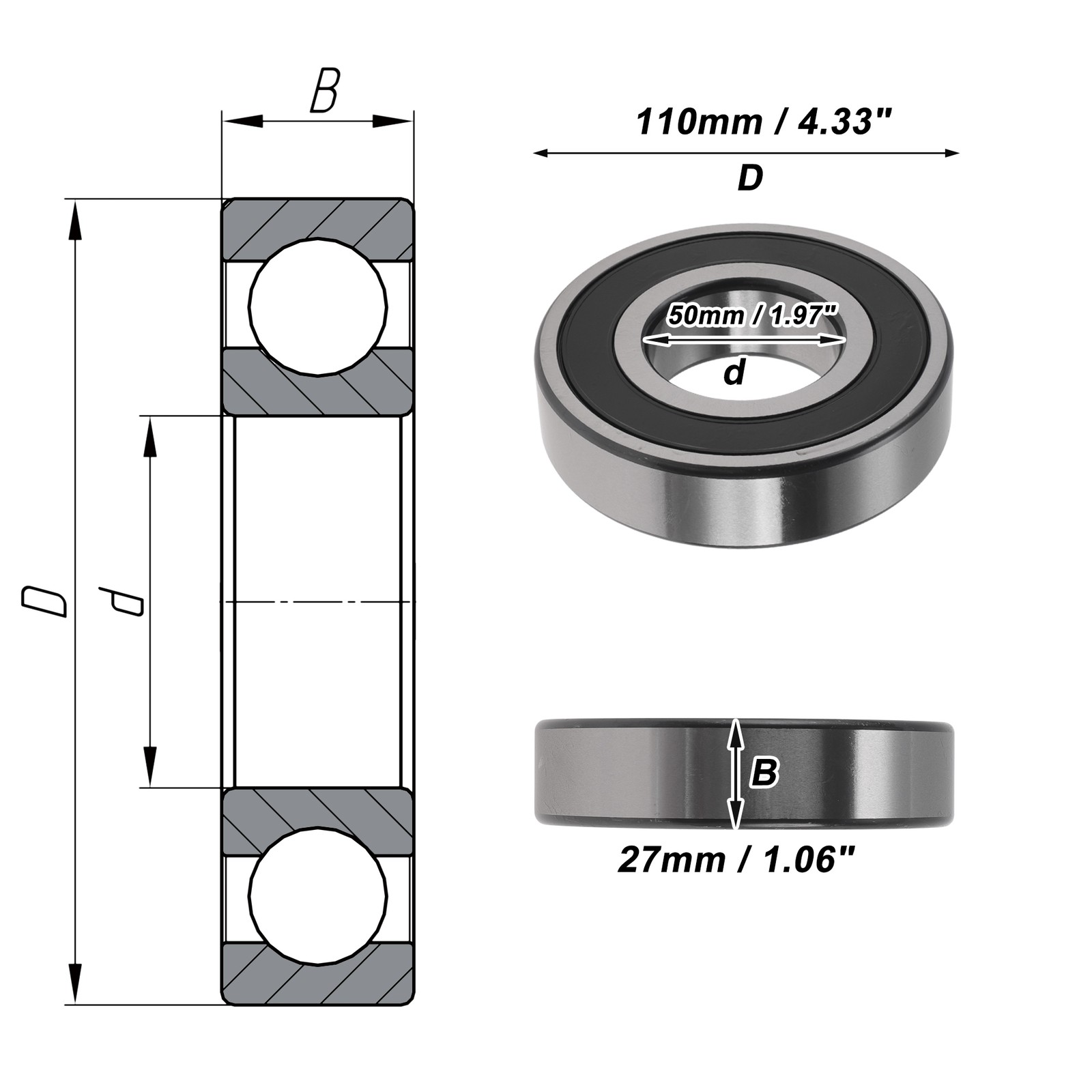 6310VV Deep Groove Ball Bearings 50x110x27mm Silver Tone Black