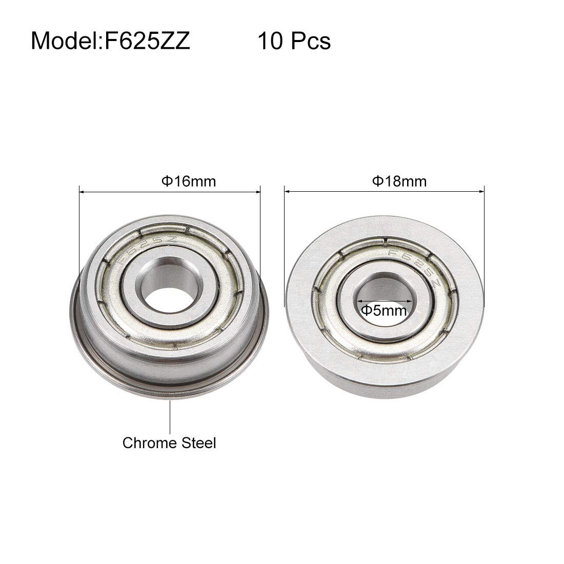 F625ZZ Flanged Ball Bearing 5X16X5Mm Shielded Chrome Steel Flange Rip Bearings 1