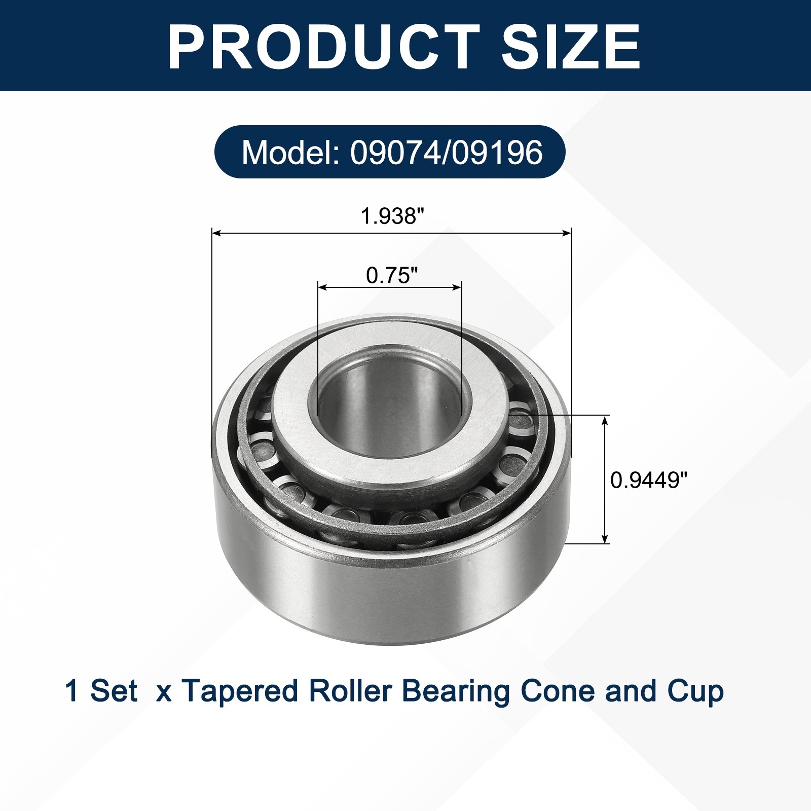 1Set 09074/09196 Tapered Roller Bearing Cone and Cup, 0.75×1.938×0.9449″